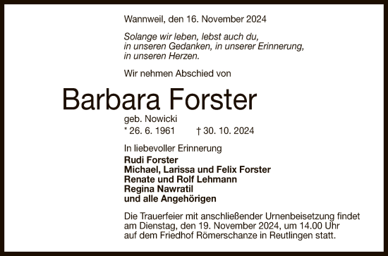 Anzeige von Barbara Forster von Reutlinger General-Anzeiger