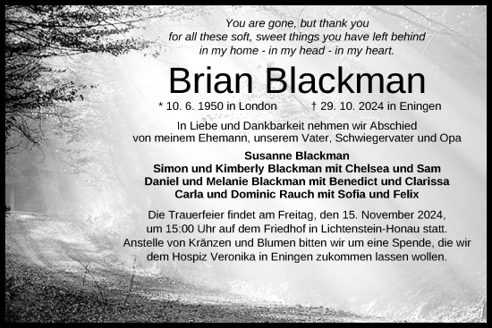 Anzeige von Brian Blackman von Reutlinger General-Anzeiger