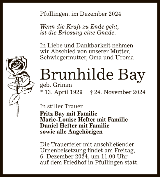 Anzeige von Brunhilde Bay von Reutlinger General-Anzeiger