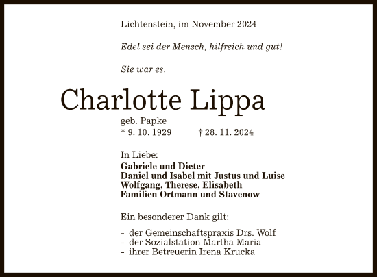 Anzeige von Charlotte Lippa von Reutlinger General-Anzeiger