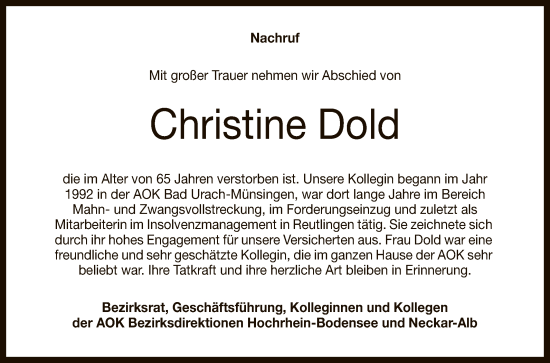 Anzeige von Christine Dold von Reutlinger General-Anzeiger