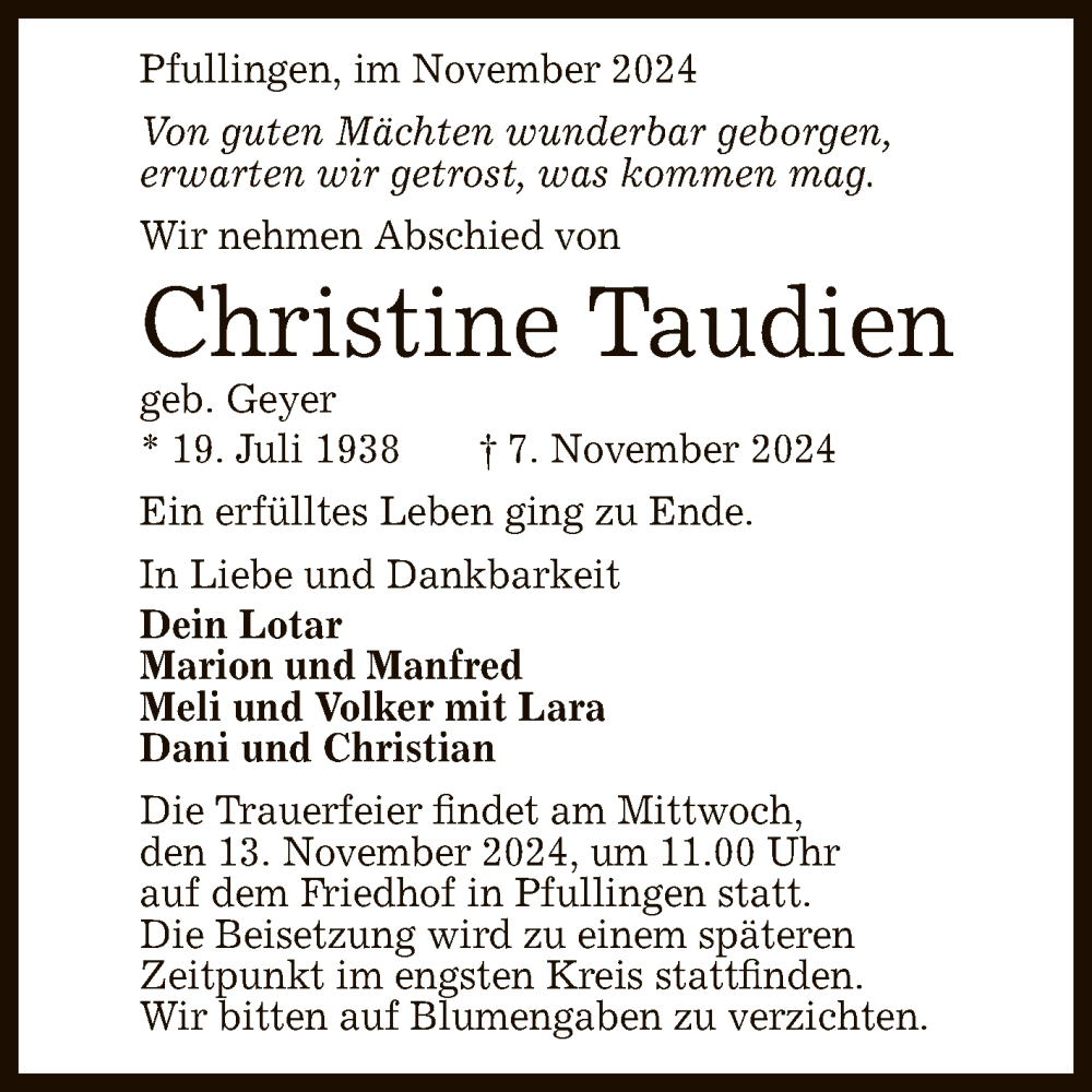  Traueranzeige für Christine Taudien vom 09.11.2024 aus Reutlinger General-Anzeiger