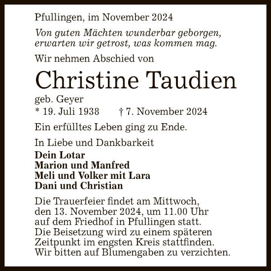 Anzeige von Christine Taudien von Reutlinger General-Anzeiger