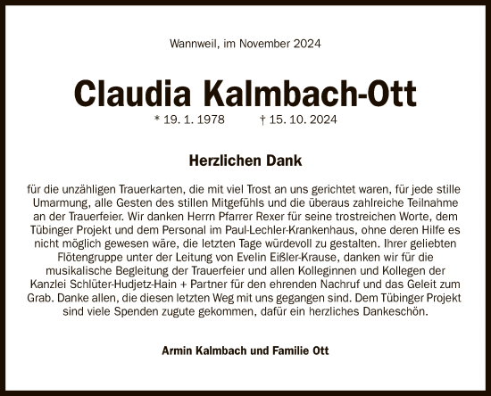 Anzeige von Claudia Kalmbach-Ott von Reutlinger General-Anzeiger