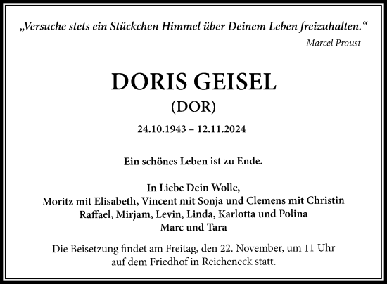 Anzeige von Doris Geisel von Reutlinger General-Anzeiger