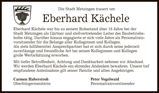 Anzeige von Eberhard Kächele von Reutlinger General-Anzeiger