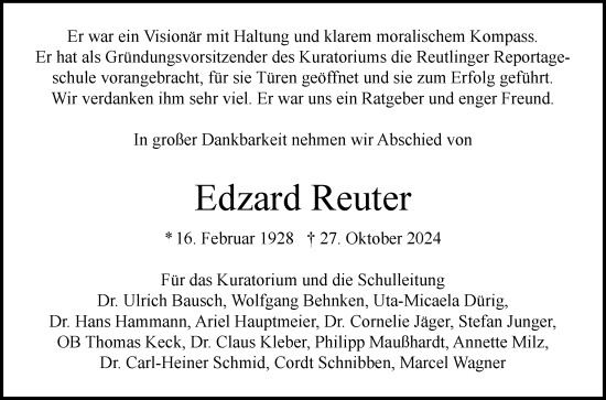 Anzeige von Edzard Reuter von Reutlinger General-Anzeiger