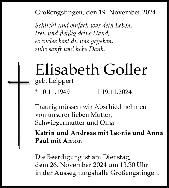 Anzeige von Elisabeth Goller von Reutlinger General-Anzeiger