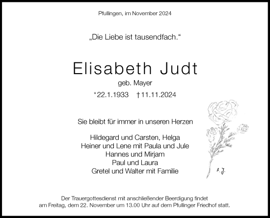 Anzeige von Elisabeth Judt von Reutlinger General-Anzeiger