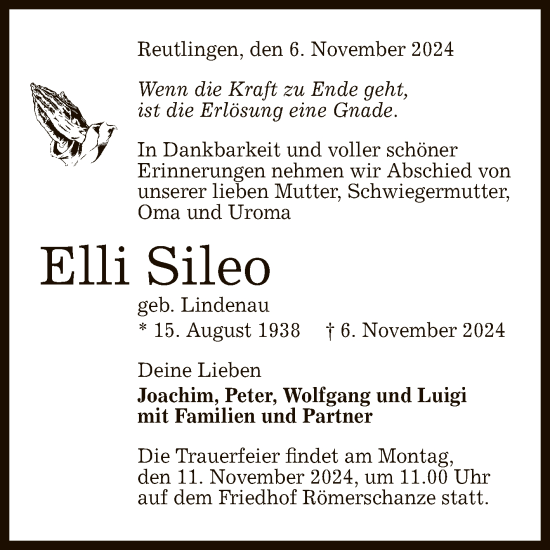 Anzeige von Elli Sileo von Reutlinger General-Anzeiger