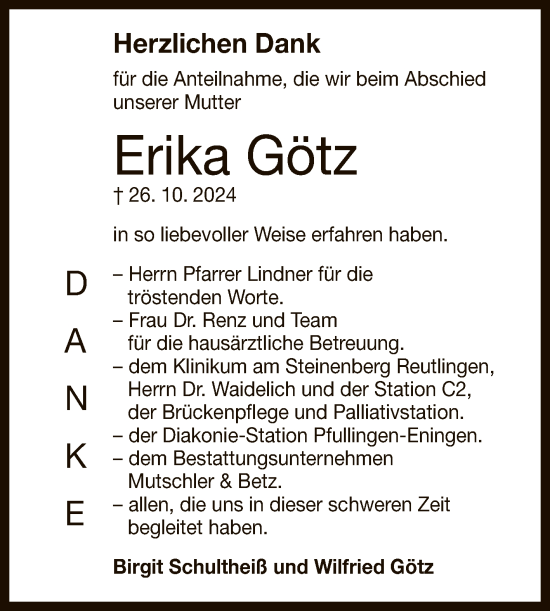 Anzeige von Erika Götz von Reutlinger General-Anzeiger