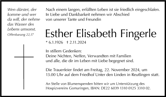 Anzeige von Esther Elisabeth Fingerle von Reutlinger General-Anzeiger