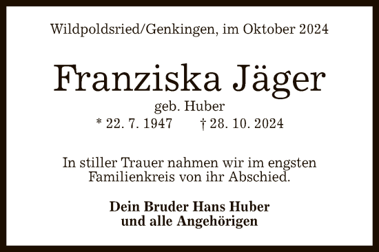 Anzeige von Franziska Jäger von Reutlinger General-Anzeiger