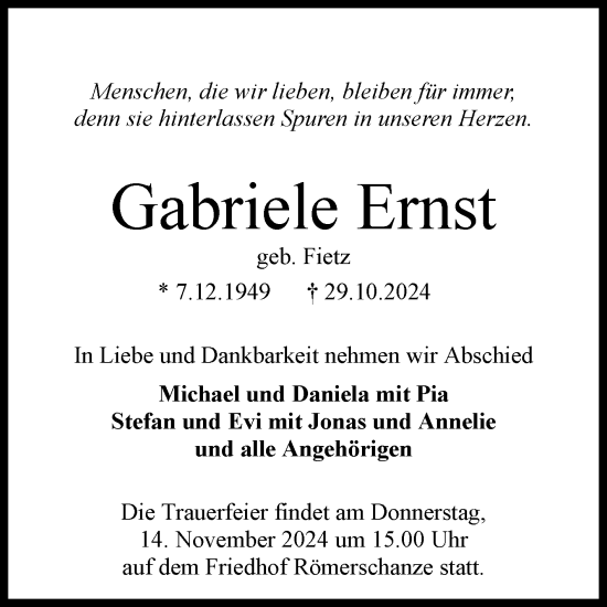 Anzeige von Gabriele Ernst von Reutlinger General-Anzeiger