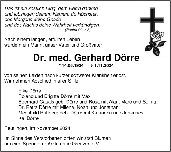 Anzeige von Gerhard Dörre von Reutlinger General-Anzeiger