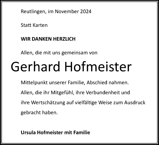 Anzeige von Gerhard Hofmeister von Reutlinger General-Anzeiger