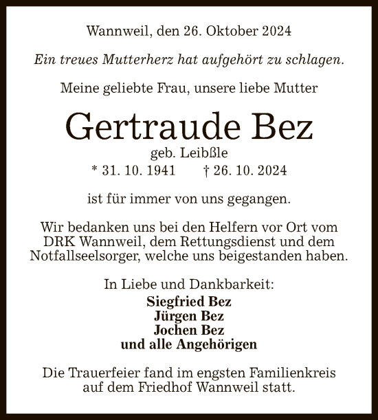 Anzeige von Gertraude Bez von Reutlinger General-Anzeiger