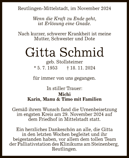 Anzeige von Gitta Schmid von Reutlinger General-Anzeiger