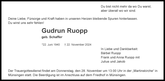 Anzeige von Gudrun Ruopp von Reutlinger General-Anzeiger