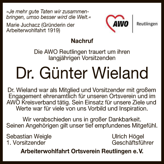 Anzeige von Günter Wieland von Reutlinger General-Anzeiger