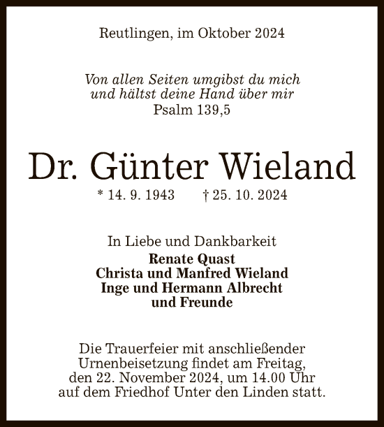 Anzeige von Günter Wieland von Reutlinger General-Anzeiger