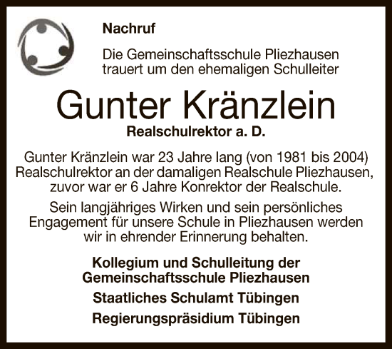 Anzeige von Gunter Kränzlein von Reutlinger General-Anzeiger