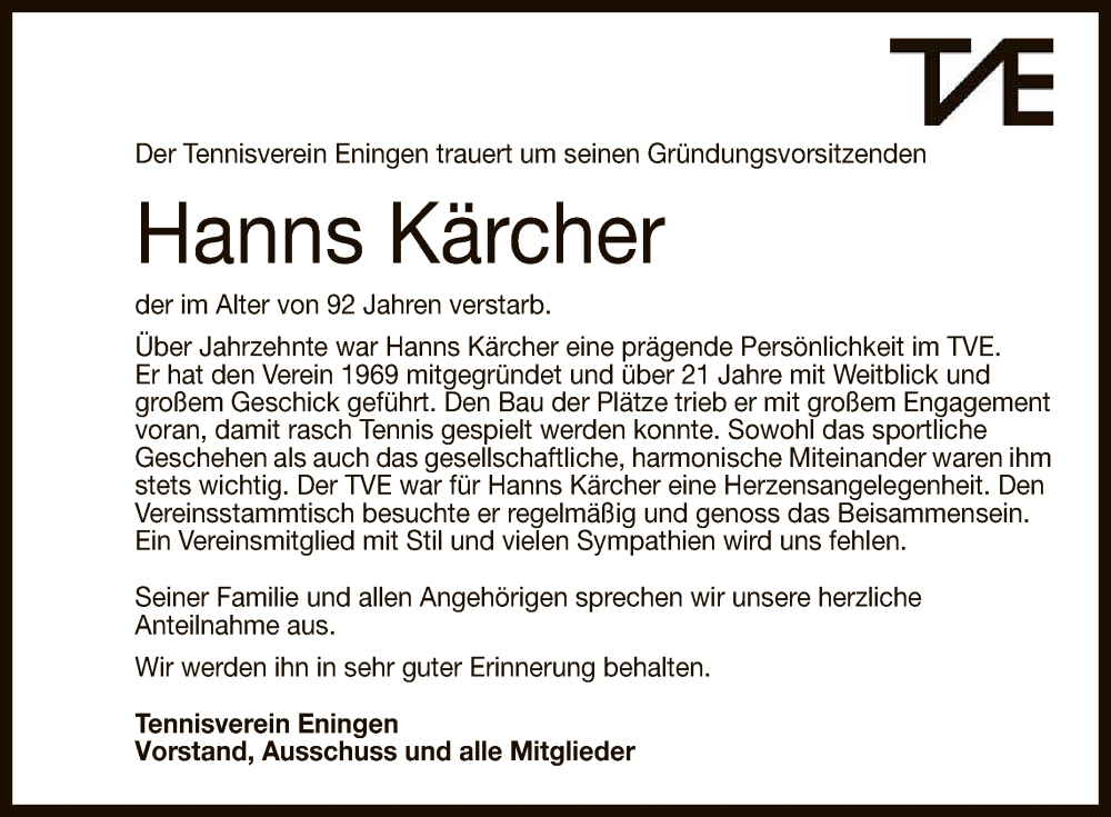 Traueranzeigen Von Hanns K Rcher Trauer Gea De