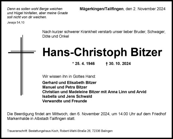 Anzeige von Hans-Christoph Bitzer von Reutlinger General-Anzeiger