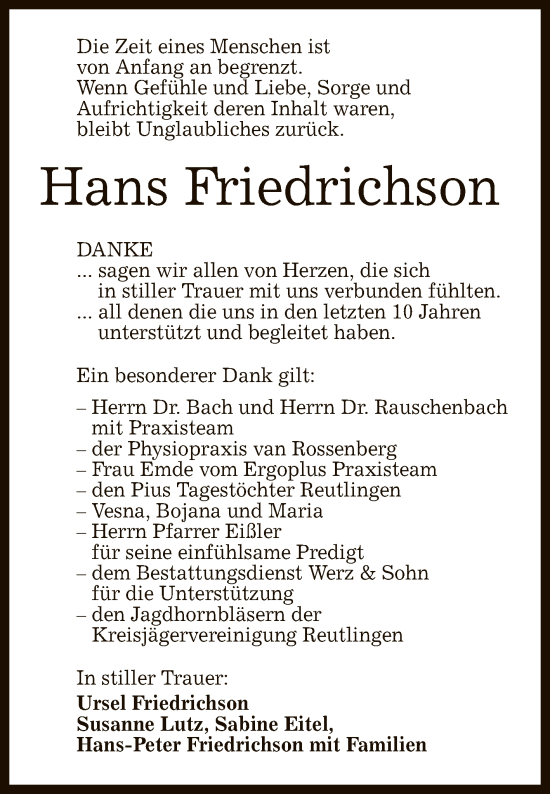 Anzeige von Hans Friedrichson von Reutlinger General-Anzeiger