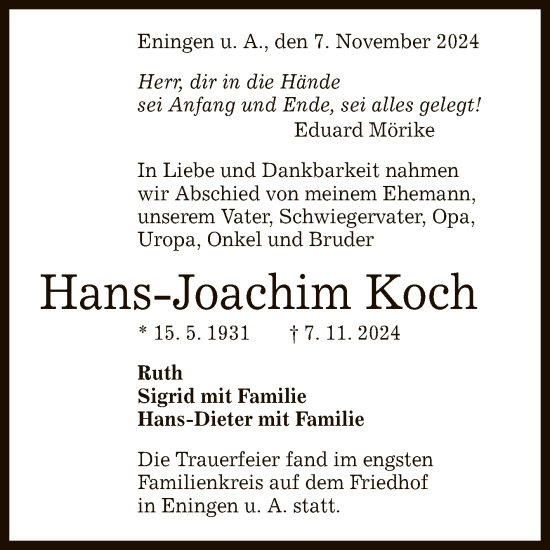 Anzeige von Hans-Joachim Koch von Reutlinger General-Anzeiger