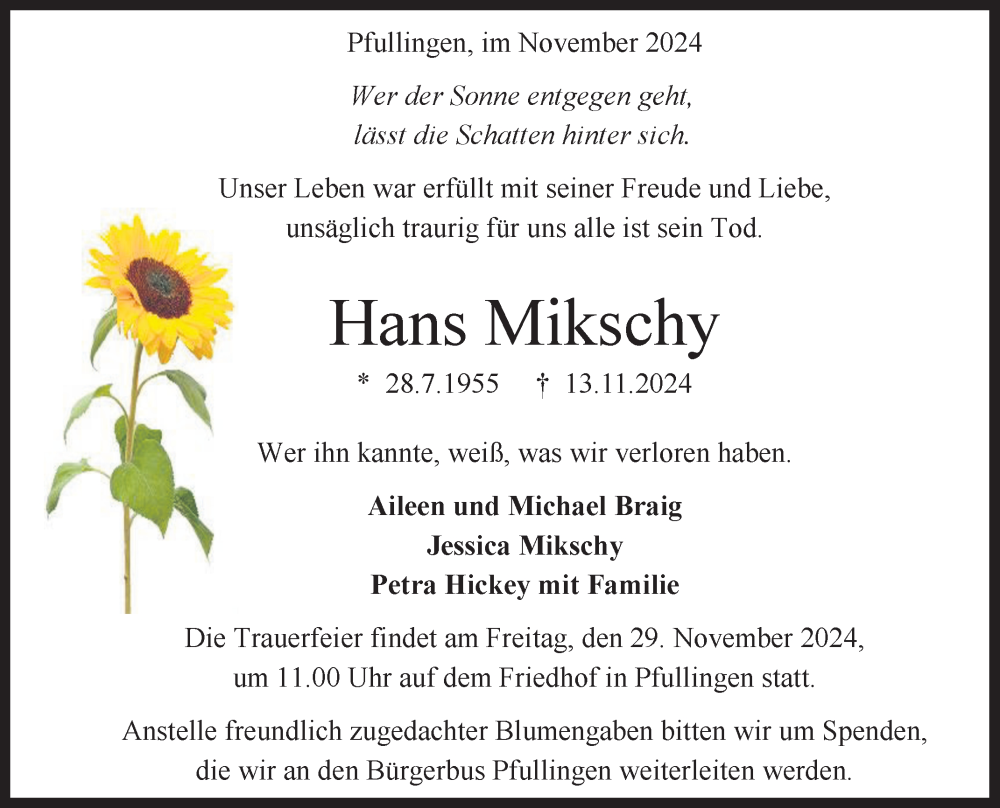  Traueranzeige für Hans Mikschy vom 23.11.2024 aus Reutlinger General-Anzeiger