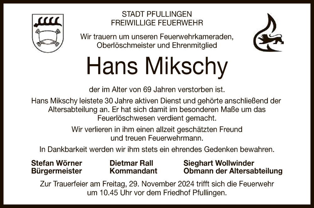  Traueranzeige für Hans Mikschy vom 23.11.2024 aus Reutlinger General-Anzeiger