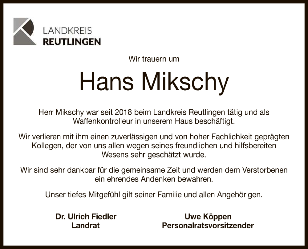  Traueranzeige für Hans Mikschy vom 23.11.2024 aus Reutlinger General-Anzeiger