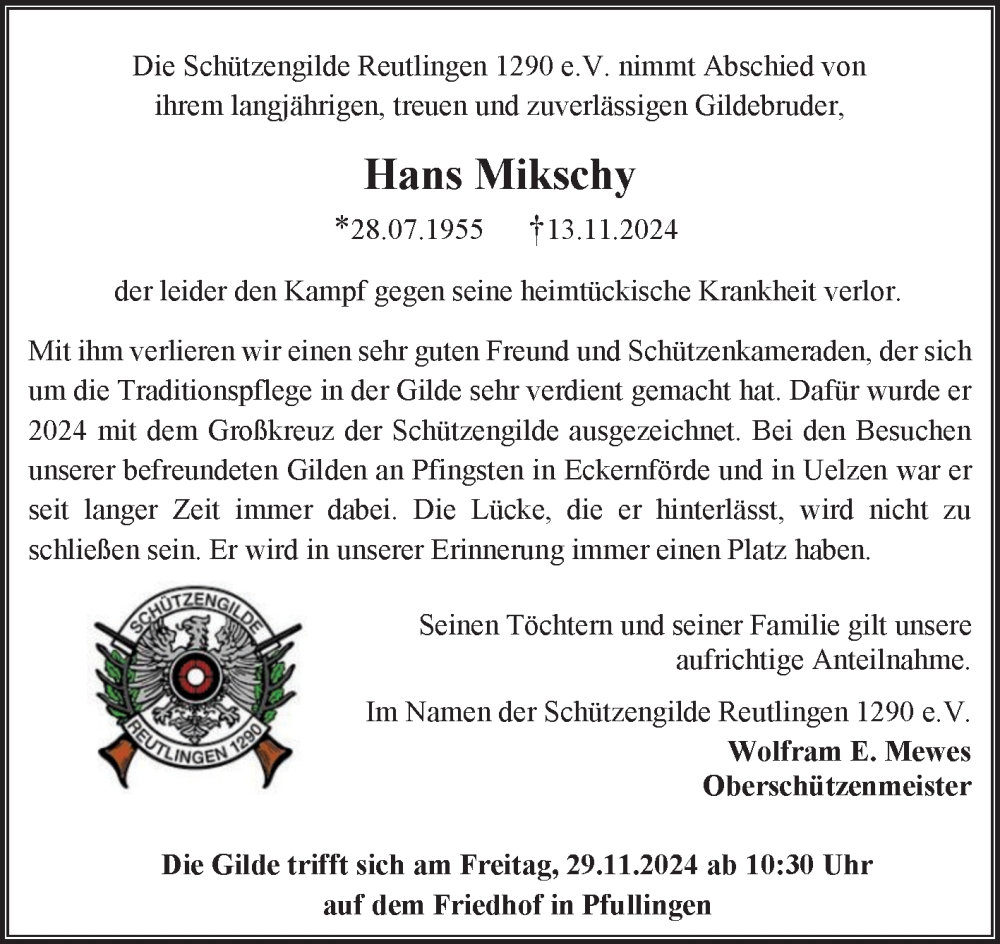  Traueranzeige für Hans Mikschy vom 23.11.2024 aus Reutlinger General-Anzeiger