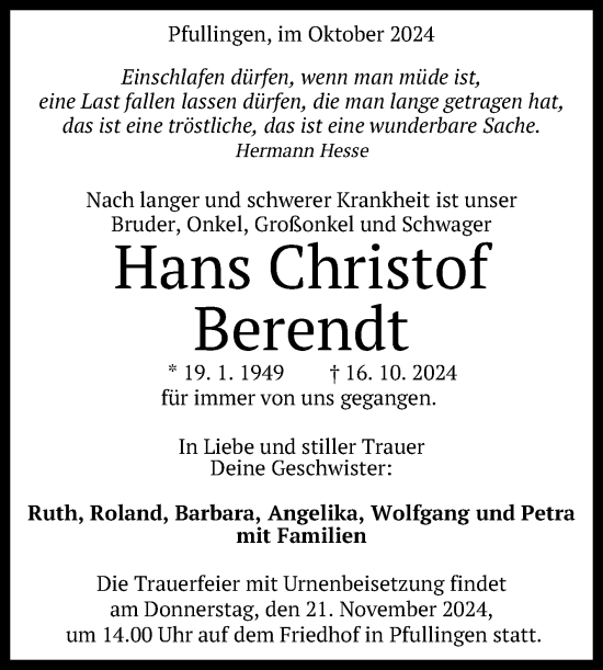 Anzeige von Hans Christof Berendt von Reutlinger General-Anzeiger