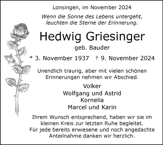 Anzeige von Hedwig Griesinger von Reutlinger General-Anzeiger