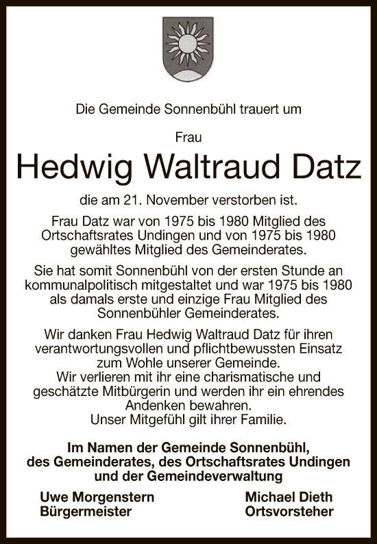 Anzeige von Hedwig Waltraud Datz von Reutlinger General-Anzeiger