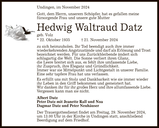 Anzeige von Hedwig Waltraud Datz von Reutlinger General-Anzeiger