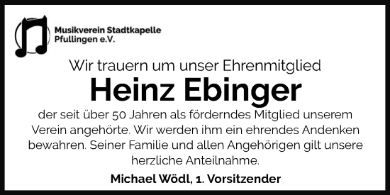 Anzeige von Heinz Ebinger von Reutlinger General-Anzeiger