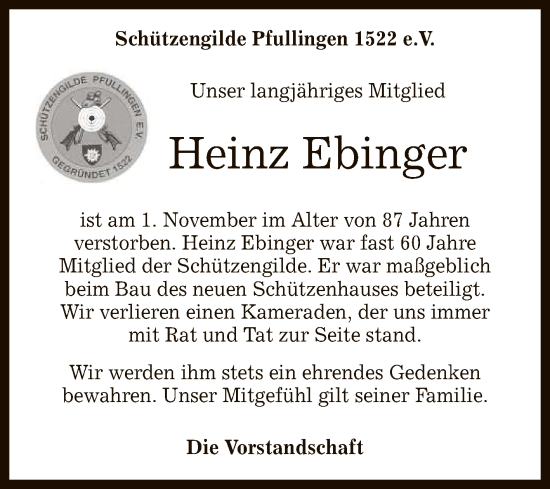 Anzeige von Heinz Ebinger von Reutlinger General-Anzeiger