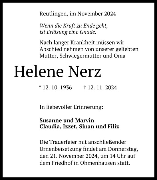 Anzeige von Helene Nerz von Reutlinger General-Anzeiger