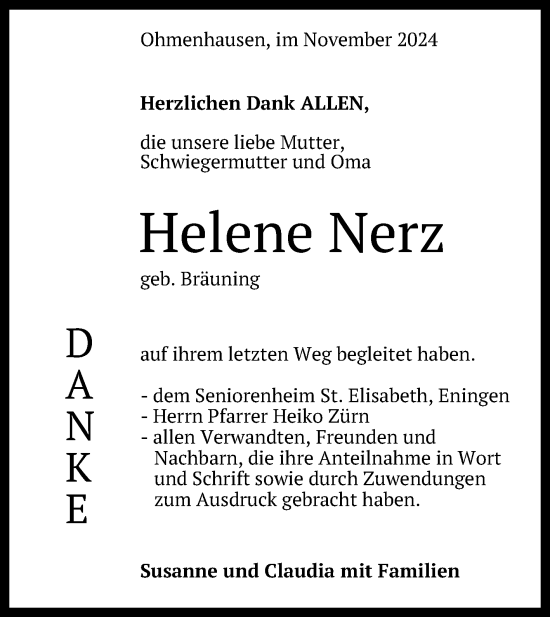 Anzeige von Helene Nerz von Reutlinger General-Anzeiger