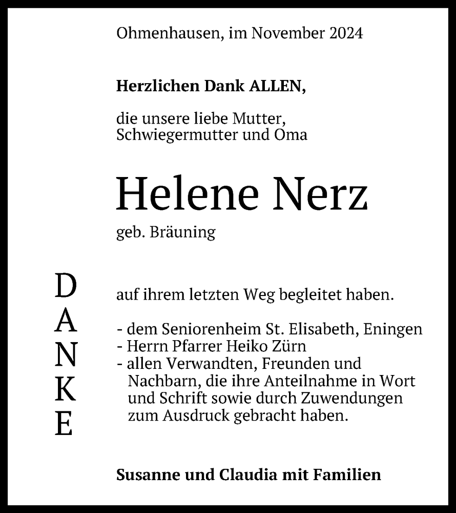  Traueranzeige für Helene Nerz vom 28.11.2024 aus Reutlinger General-Anzeiger