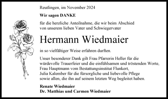 Anzeige von Hermann Wiedmaier von Reutlinger General-Anzeiger