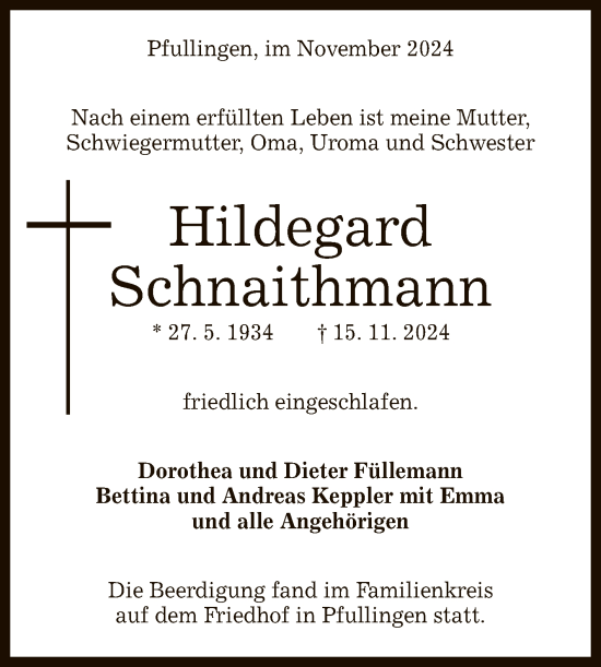 Anzeige von Hildegard Schnaithmann von Reutlinger General-Anzeiger