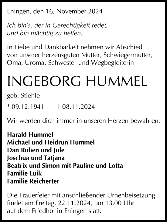 Anzeige von Ingeborg Hummel von Reutlinger General-Anzeiger