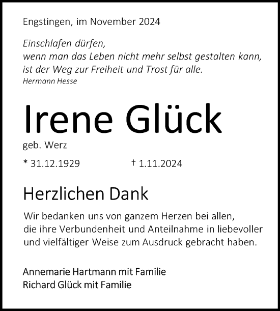 Anzeige von Irene Glück von Reutlinger General-Anzeiger