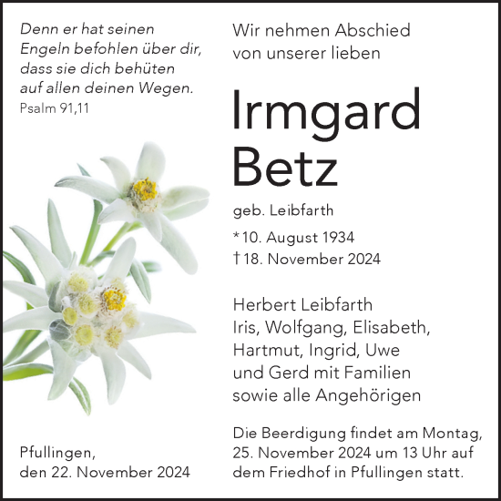 Anzeige von Irmgard Betz von Reutlinger General-Anzeiger