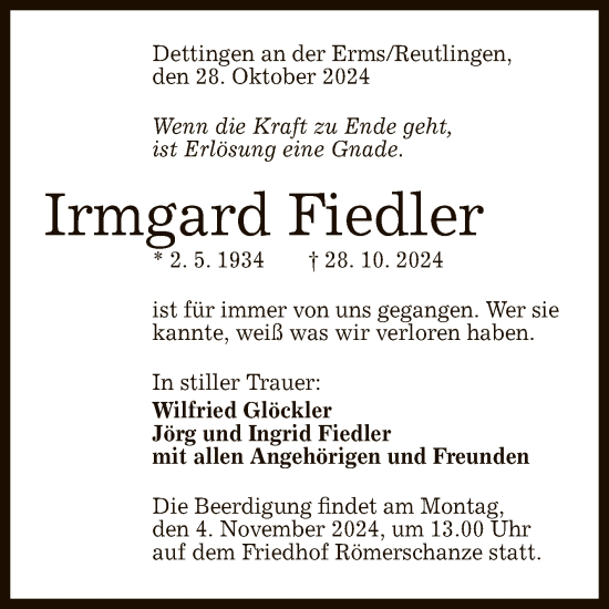 Anzeige von Irmgard Fiedler von Reutlinger General-Anzeiger