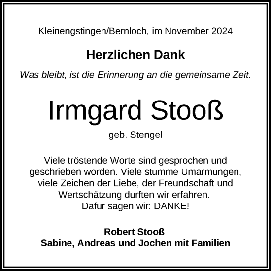 Anzeige von Irmgard Stooß von Reutlinger General-Anzeiger